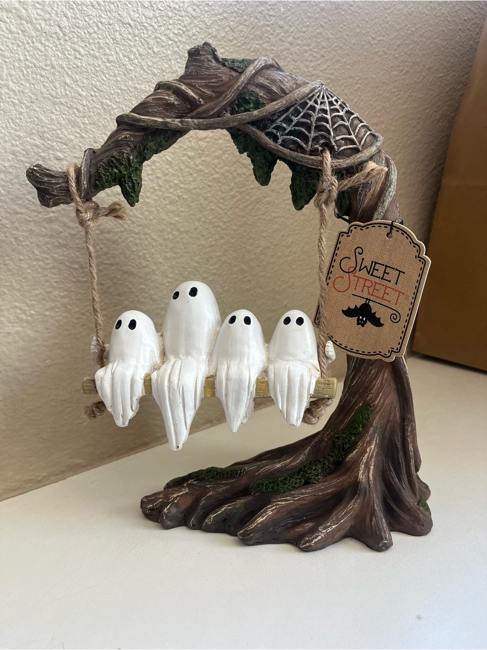 Sweet Street Family Ghosts on Swing with Spider Web Halloween Decor